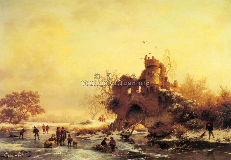 Winter Landscape With Skaters On A Frozen River Beside Castle Ruins - 弗雷德里克·马里亚努斯·克鲁斯曼